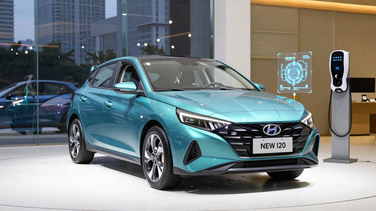Carro Hyundai New i20 azul exibido em showroom moderno com painel digital e estação de recarga ao lado.