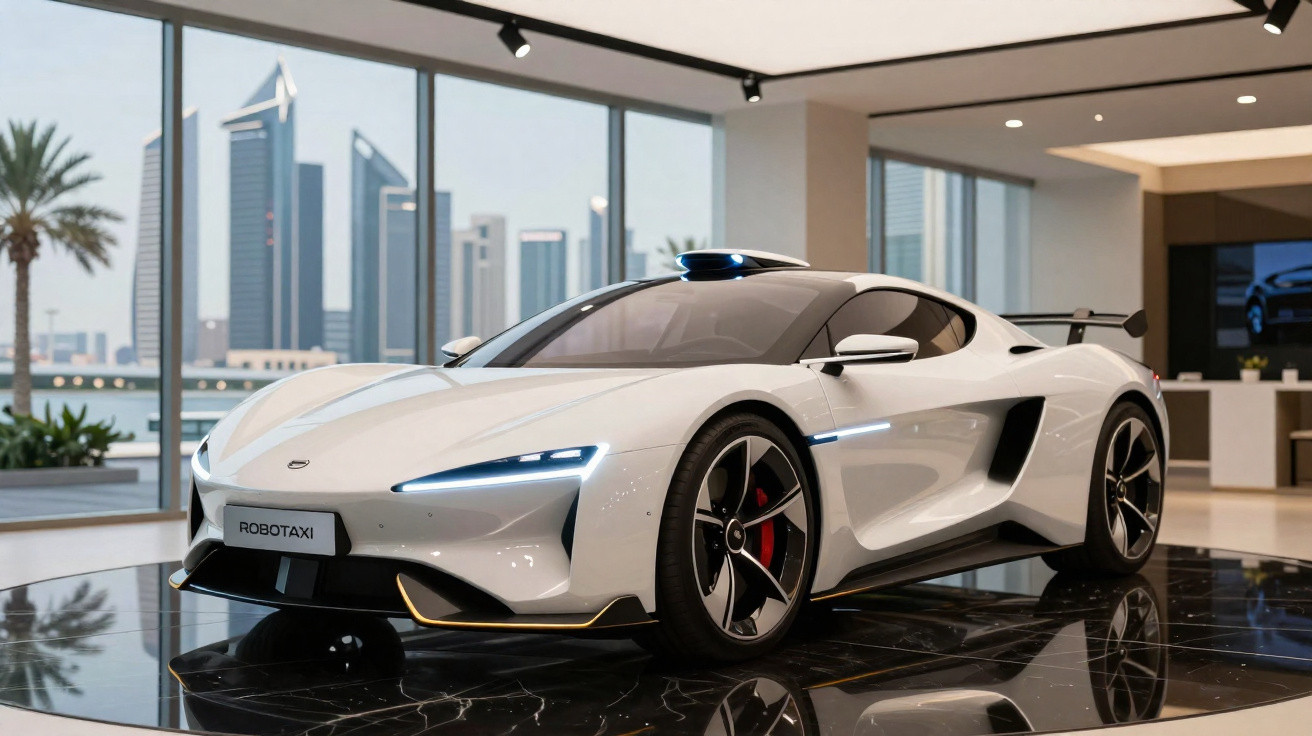 Carro esporte branco autônomo com sensor no teto exibido em showroom moderno com vista urbana.