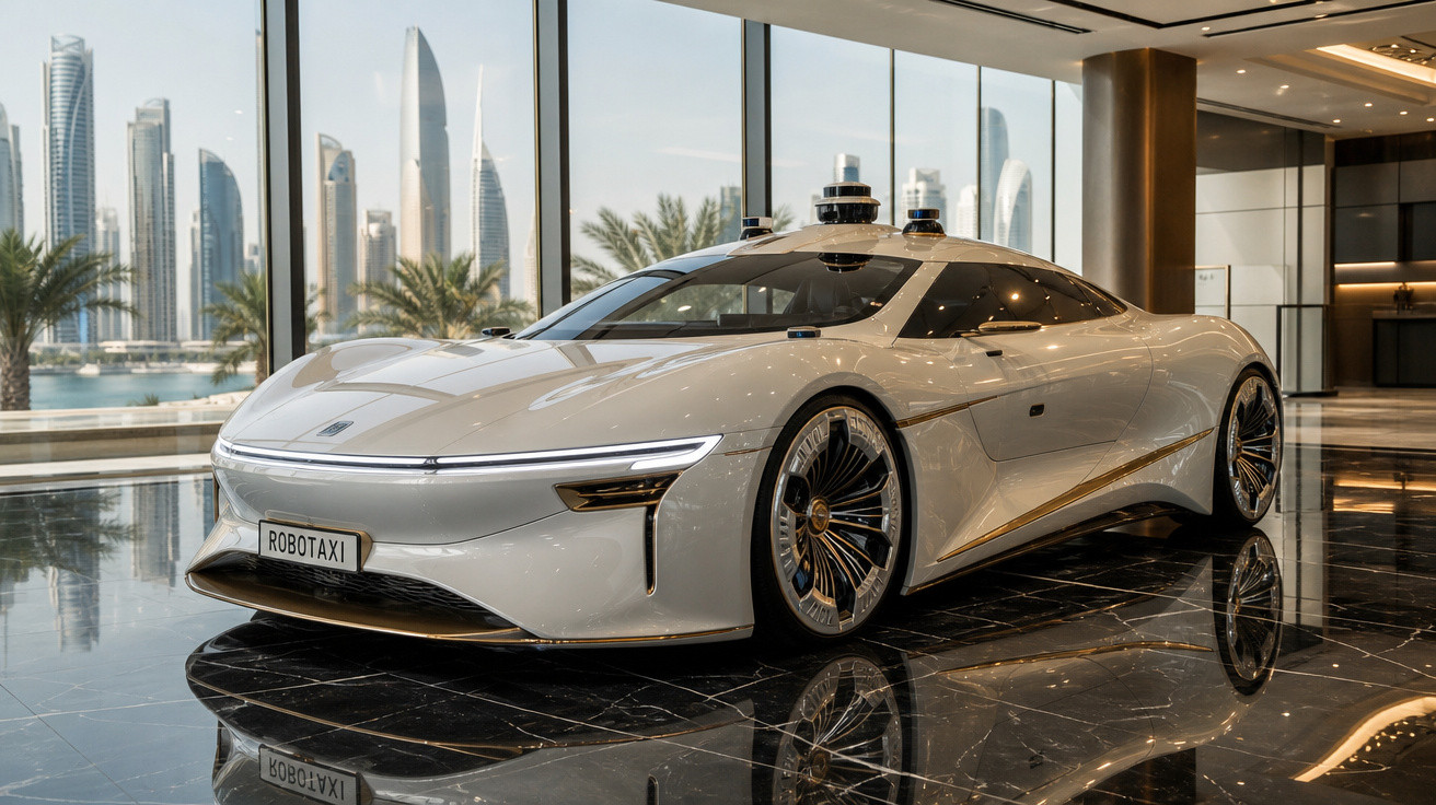 Carro autônomo branco, futurista e elegante em ambiente interno com janelas grandes e vista de arranha-céus.