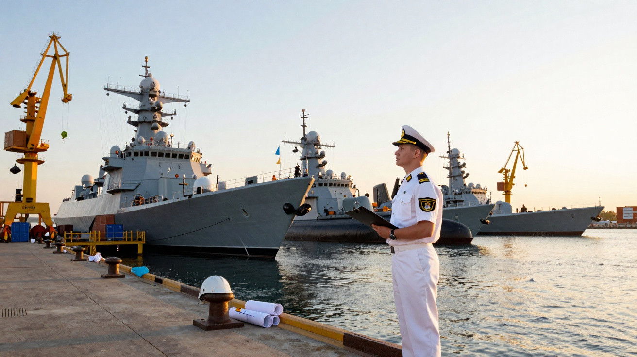 Marinheiro em uniforme branco com prancheta observa destróieres ancorados em porto com guindastes ao fundo.