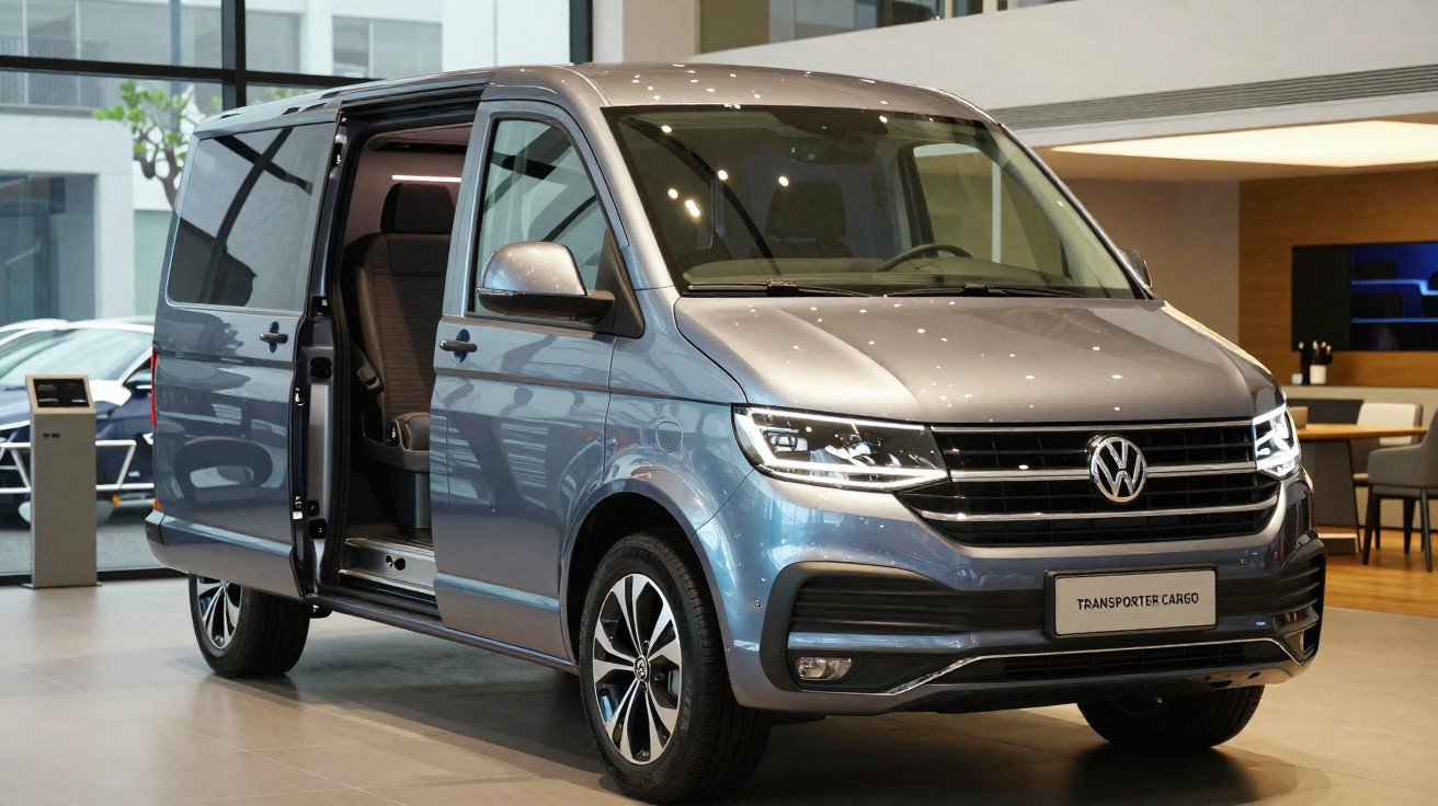 Van Volkswagen Transporter Cargo cinza com porta lateral aberta em showroom moderno.