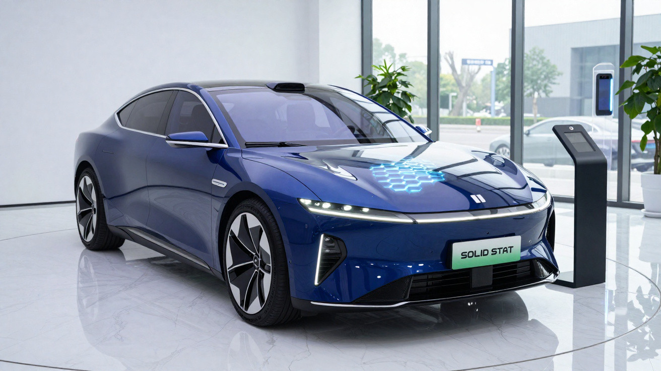 Carro elétrico azul modelo Solid Stat exibido em showroom moderno com painel digital iluminado no capô.