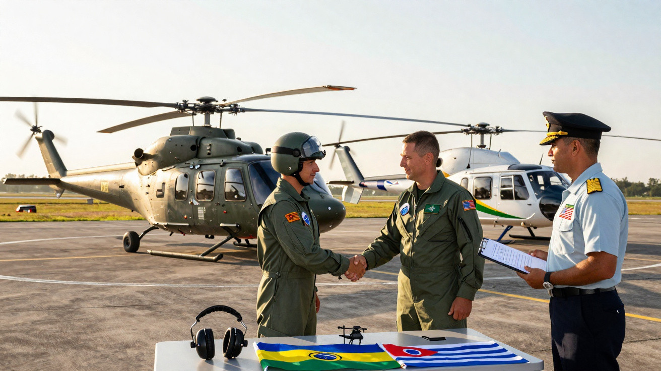Dois aviadores militares apertam as mãos em frente a helicópteros, com oficial e bandeiras em mesa ao lado.