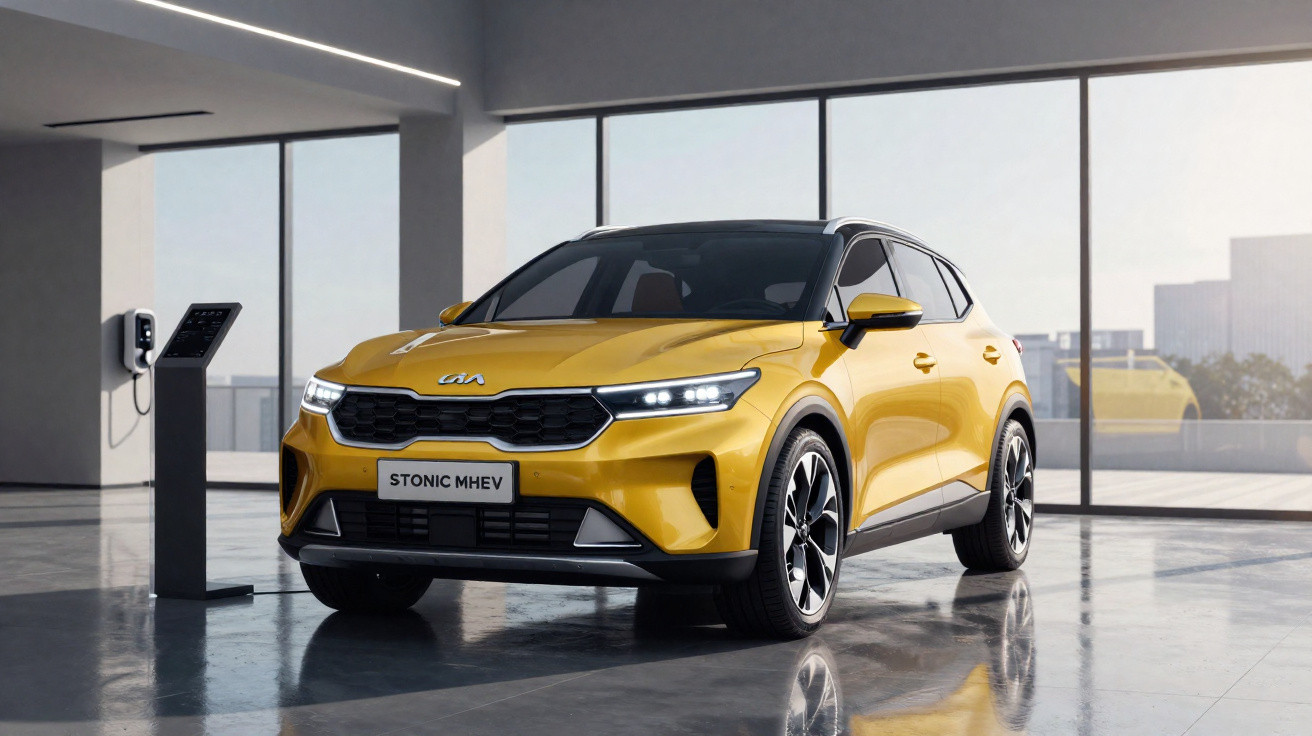 Carro SUV amarelo Kia Stonic MHEV em ambiente moderno com carregador elétrico na parede.