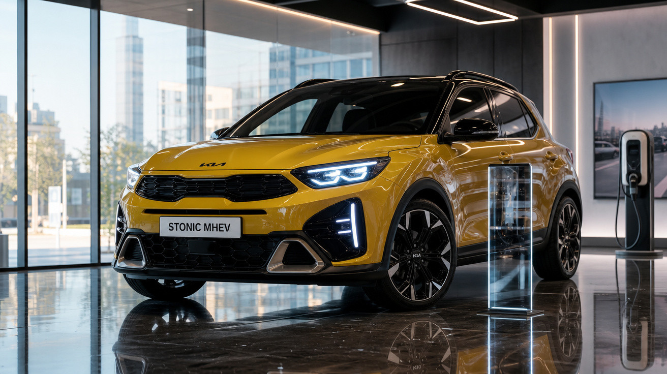 Carro Kia Stonic MHEV amarelo com teto preto, exposto em showroom moderno com piso brilhante.