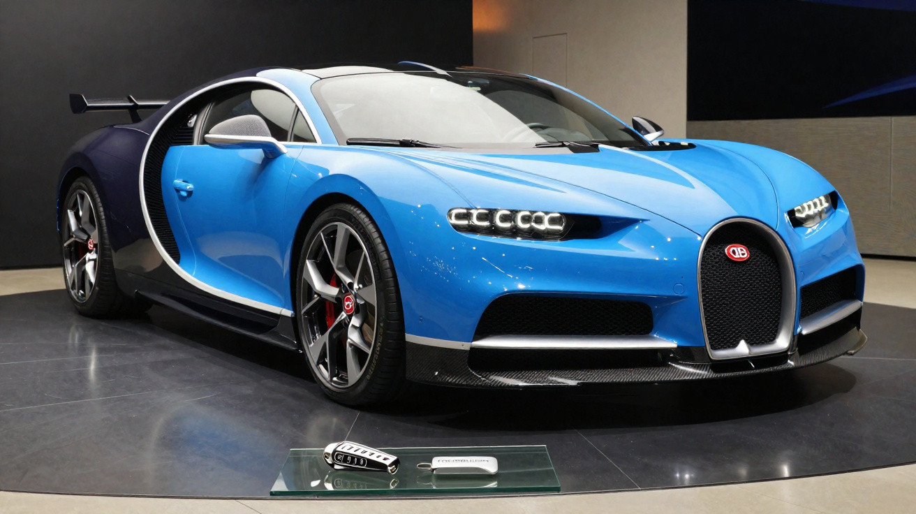 Carro esportivo azul Bugatti Chiron estacionado em ambiente interno com iluminação artificial.