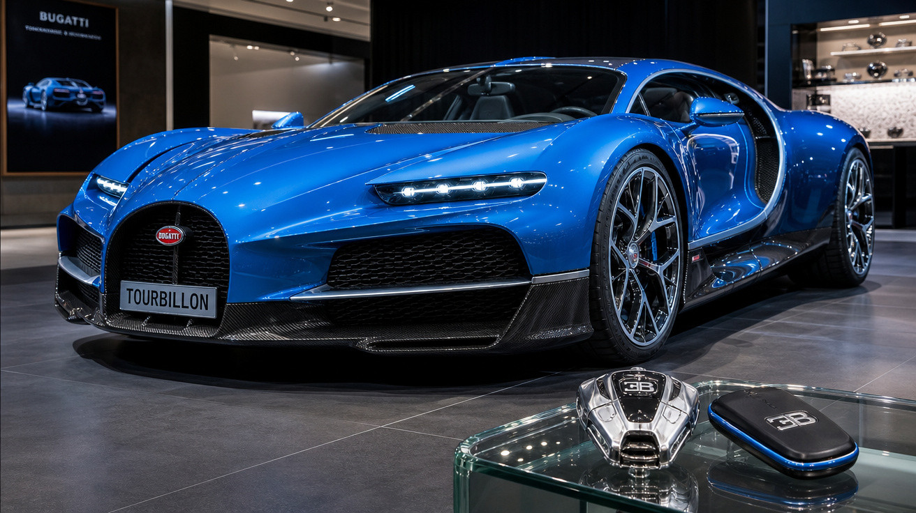Carro esportivo Bugatti Tourbillon azul exibido em showroom com chave e controle sobre mesa de vidro.