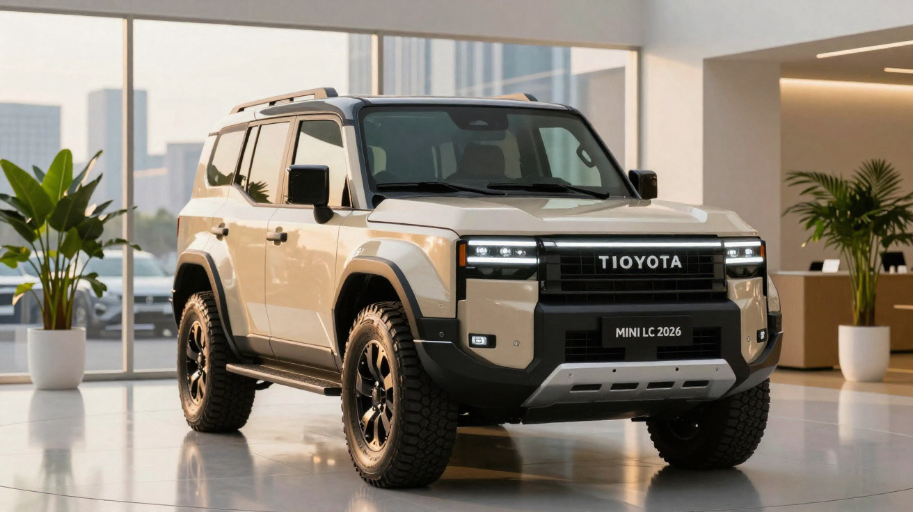 SUV Toyota Mini LC 2026 bege em ambiente interno moderno com plantas e janelas grandes ao fundo.