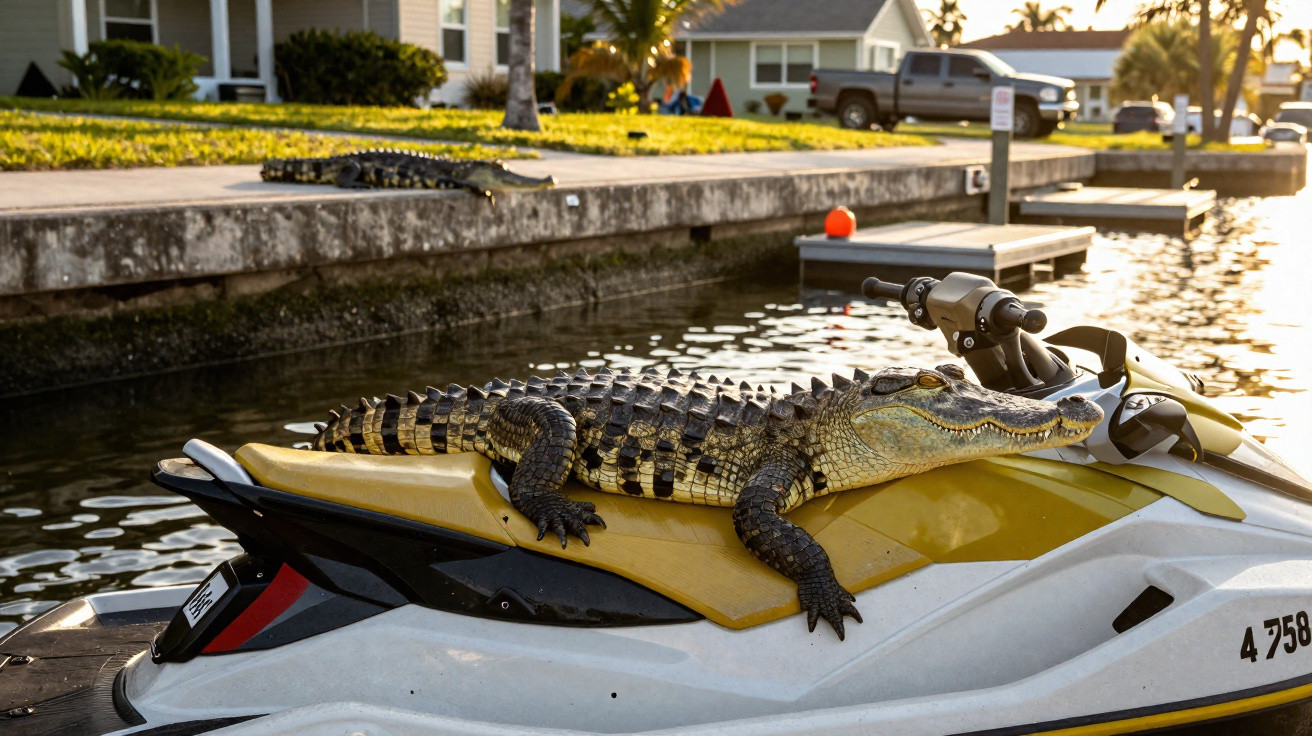 Jacaré descansando sobre jet ski amarelo em canal residencial à luz do entardecer.