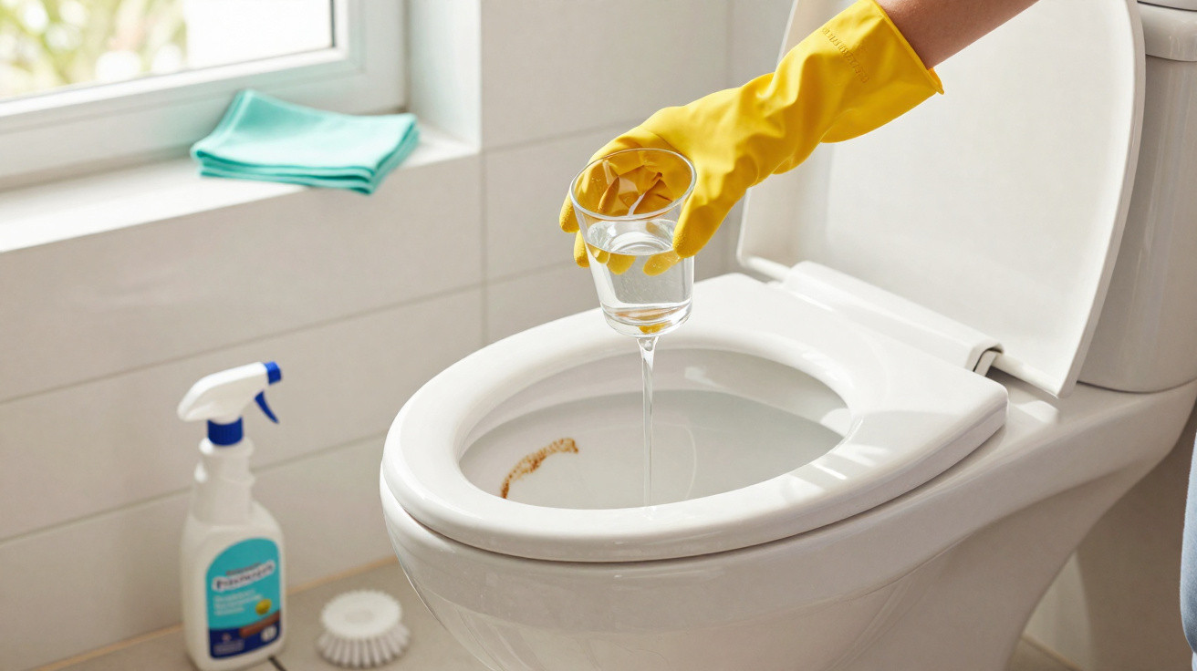 Mão com luva amarela despejando líquido em copo dentro de vaso sanitário, com produtos de limpeza ao fundo.