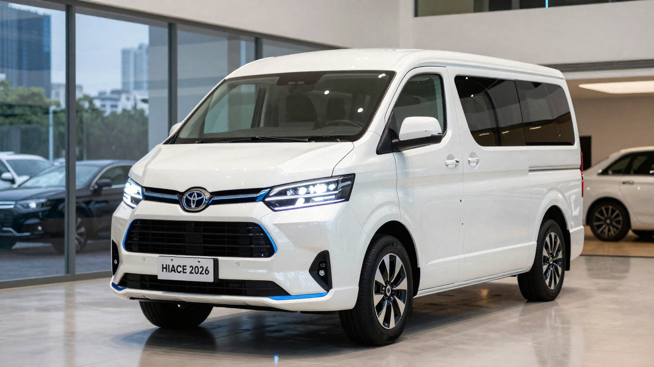 Van branca Toyota Hiace 2026 estacionada em showroom com luzes dianteiras acesas.