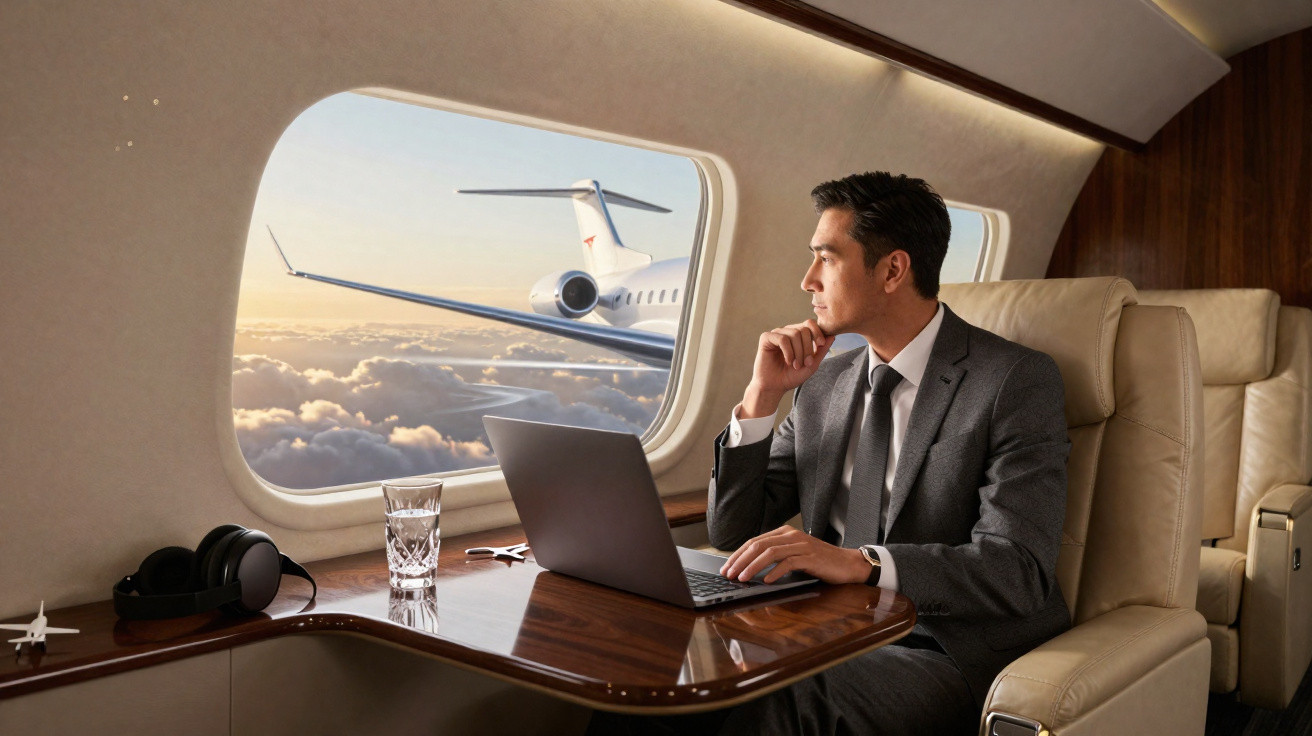 Homem de terno trabalha em laptop dentro de jato executivo com vista para nuvens e outro avião pela janela.