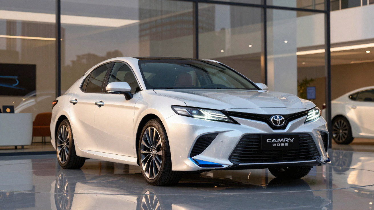 Carro Toyota Camry 2025 prata exposto em showroom moderno com piso espelhado e iluminação suave.