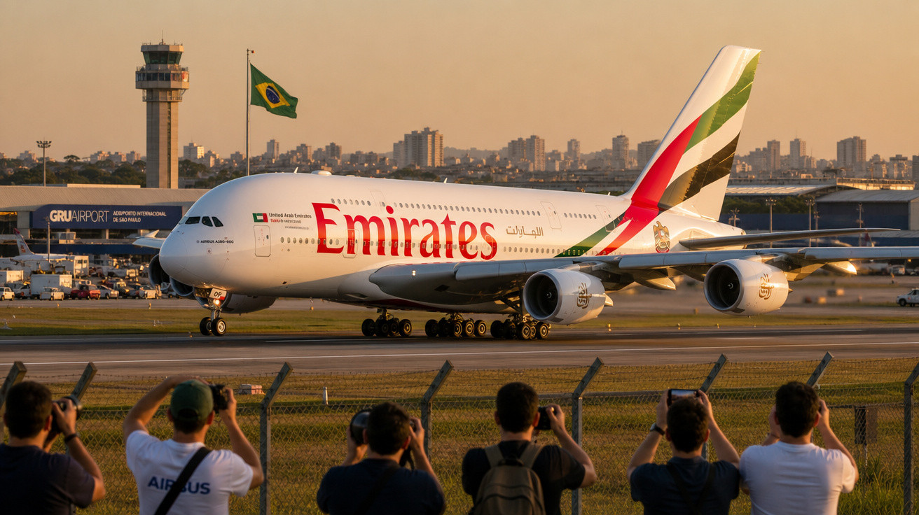 Avião Emirates taxiando no Aeroporto de Guarulhos, com pessoas fotografando e bandeira do Brasil ao fundo.