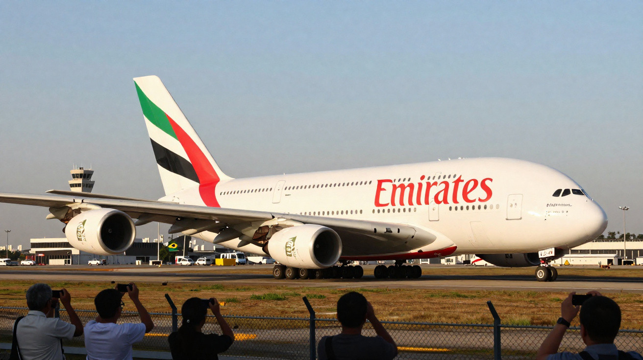 Avião da Emirates no aeroporto com pessoas fotografando da cerca de observação.