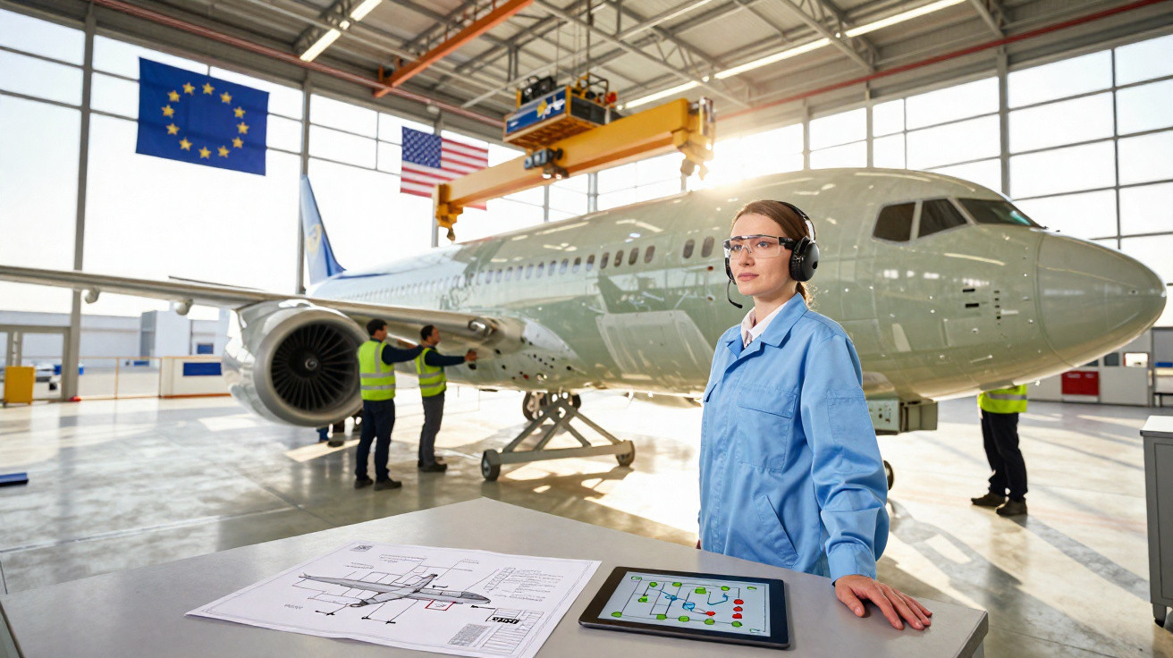 Mulher engenheira em uniforme azul em hangar com avião e equipe técnica ao fundo, analisando projetos.