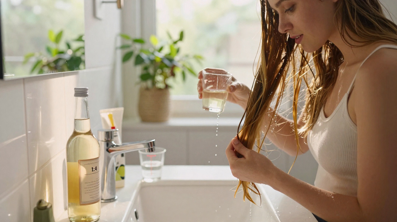 Mulher aplicando óleo no cabelo molhado em banheiro claro com plantas ao fundo.