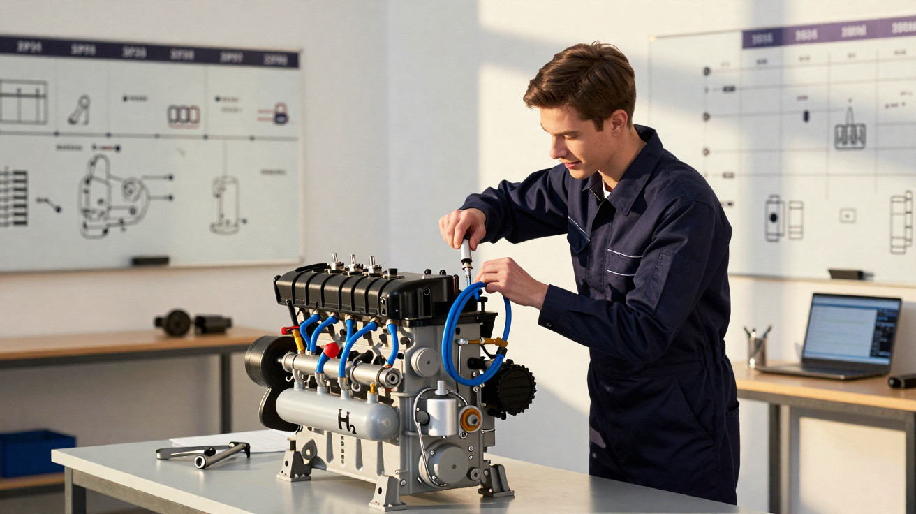 Jovem em macacão azul montando motor em bancada de laboratório com esquema técnico ao fundo.