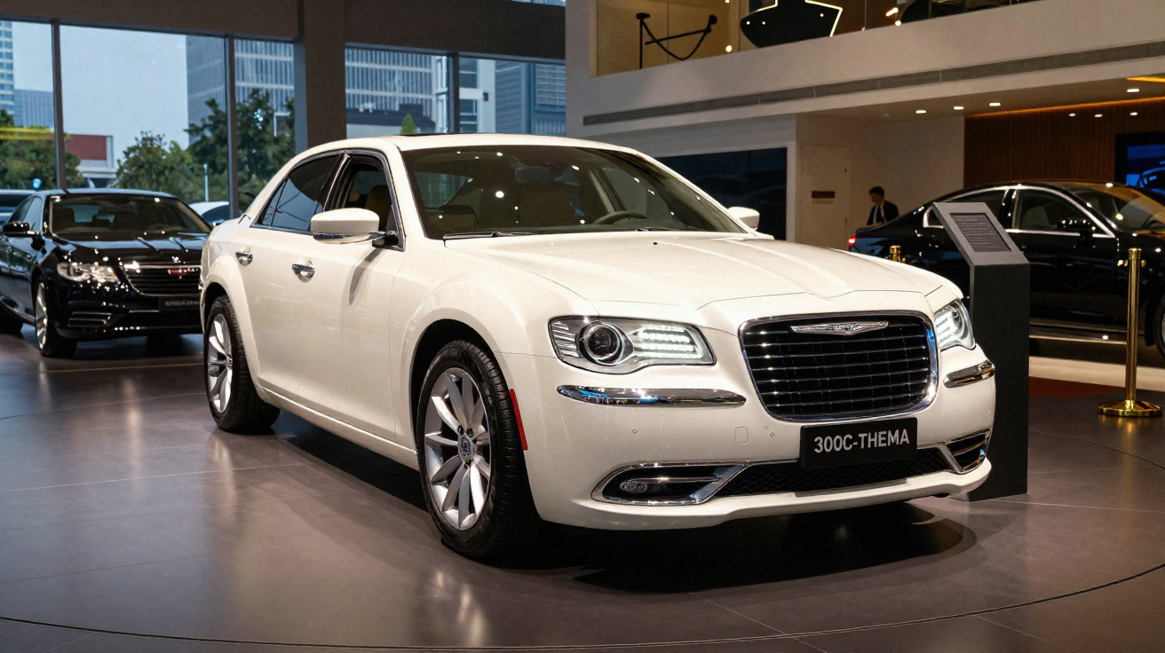 Carro branco sedan Chrysler 300C Thema em exposição dentro de showroom moderno.