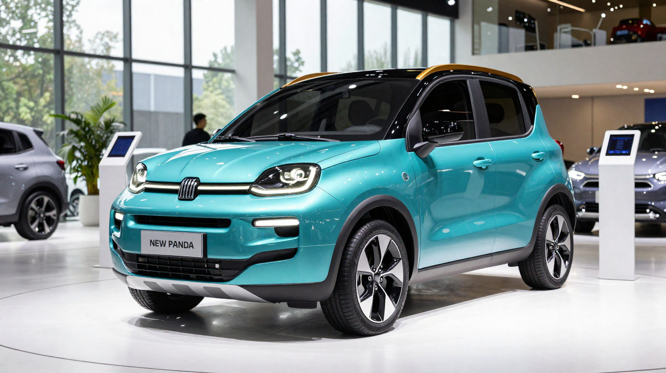 Carro compacto Fiat New Panda azul em exposição dentro de showroom moderno e iluminado.