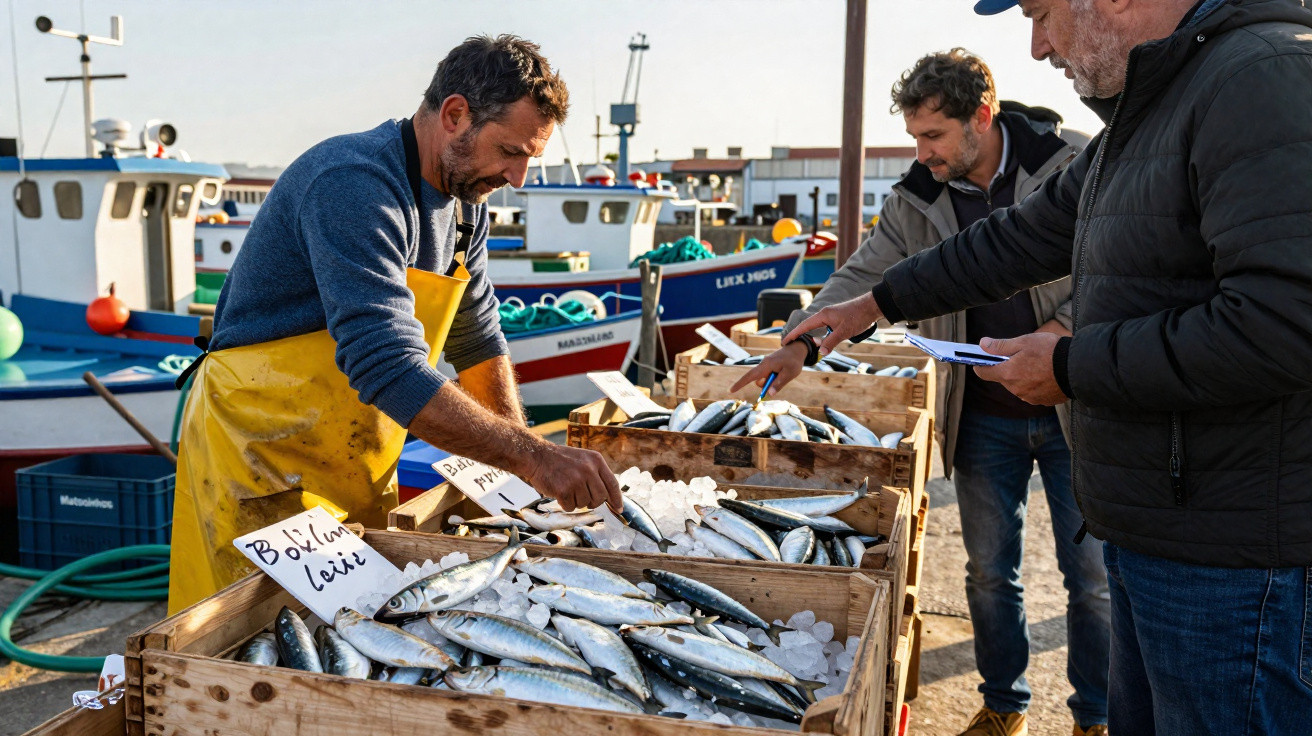 Homem vendendo peixes frescos em caixas de madeira em mercado próximo a barcos de pesca.