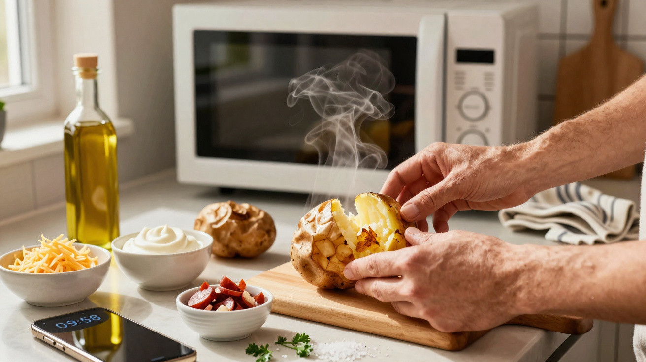 Mãos abrindo batata quente e fumegante sobre tábua com ingredientes e micro-ondas ao fundo.
