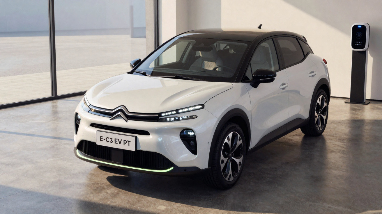 Carro elétrico Citroën E-C3 EV PT branco estacionado próximo a carregador em ambiente interno.