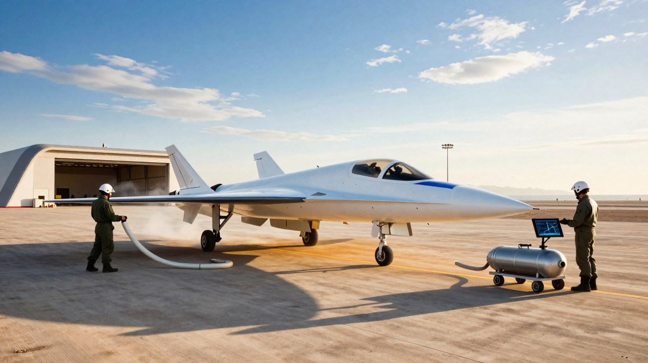 Aeronave futurista branca em pista com dois técnicos vestindo macacões e capacetes brancos.