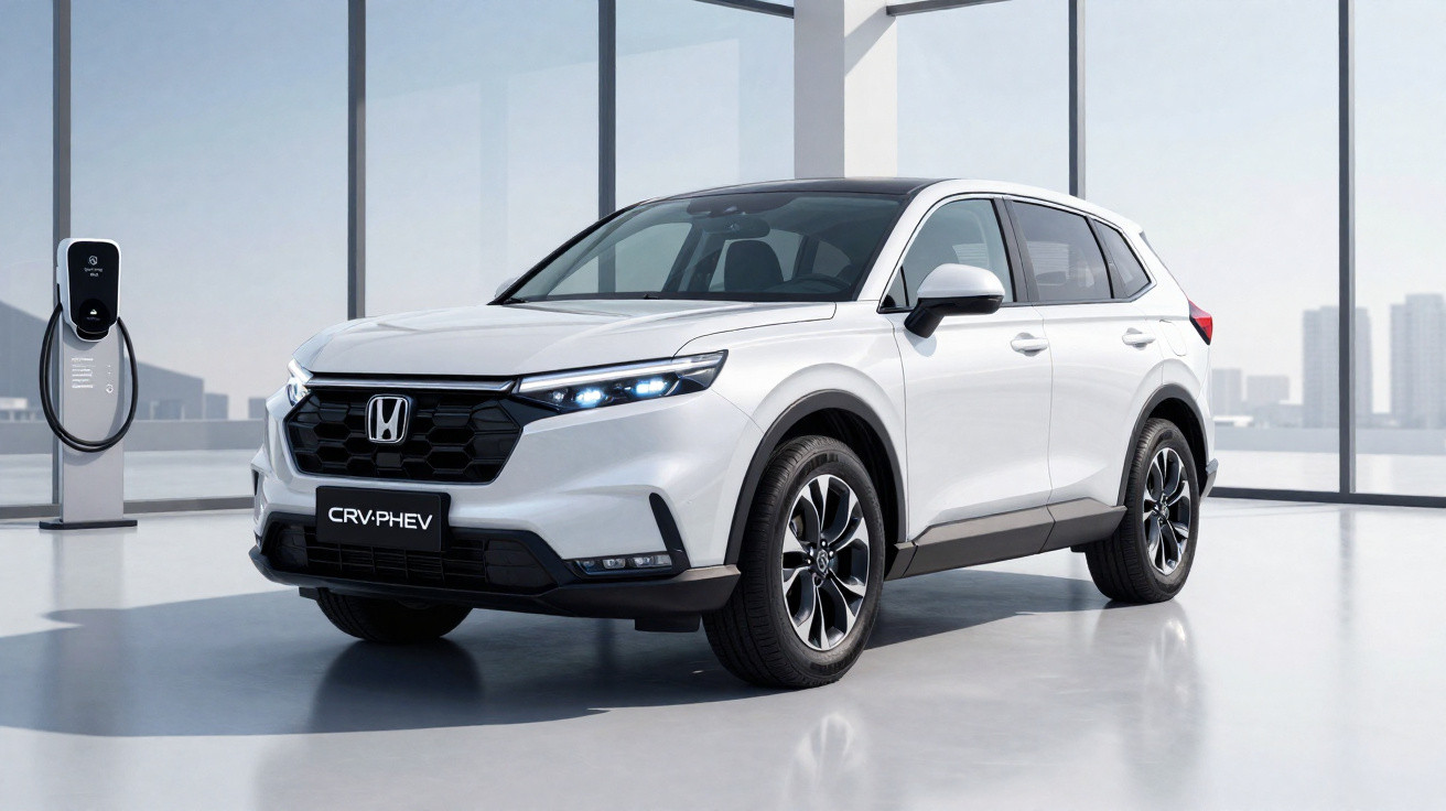 SUV branco Honda CR-V PHEV estacionado ao lado de carregador em ambiente moderno e iluminado.