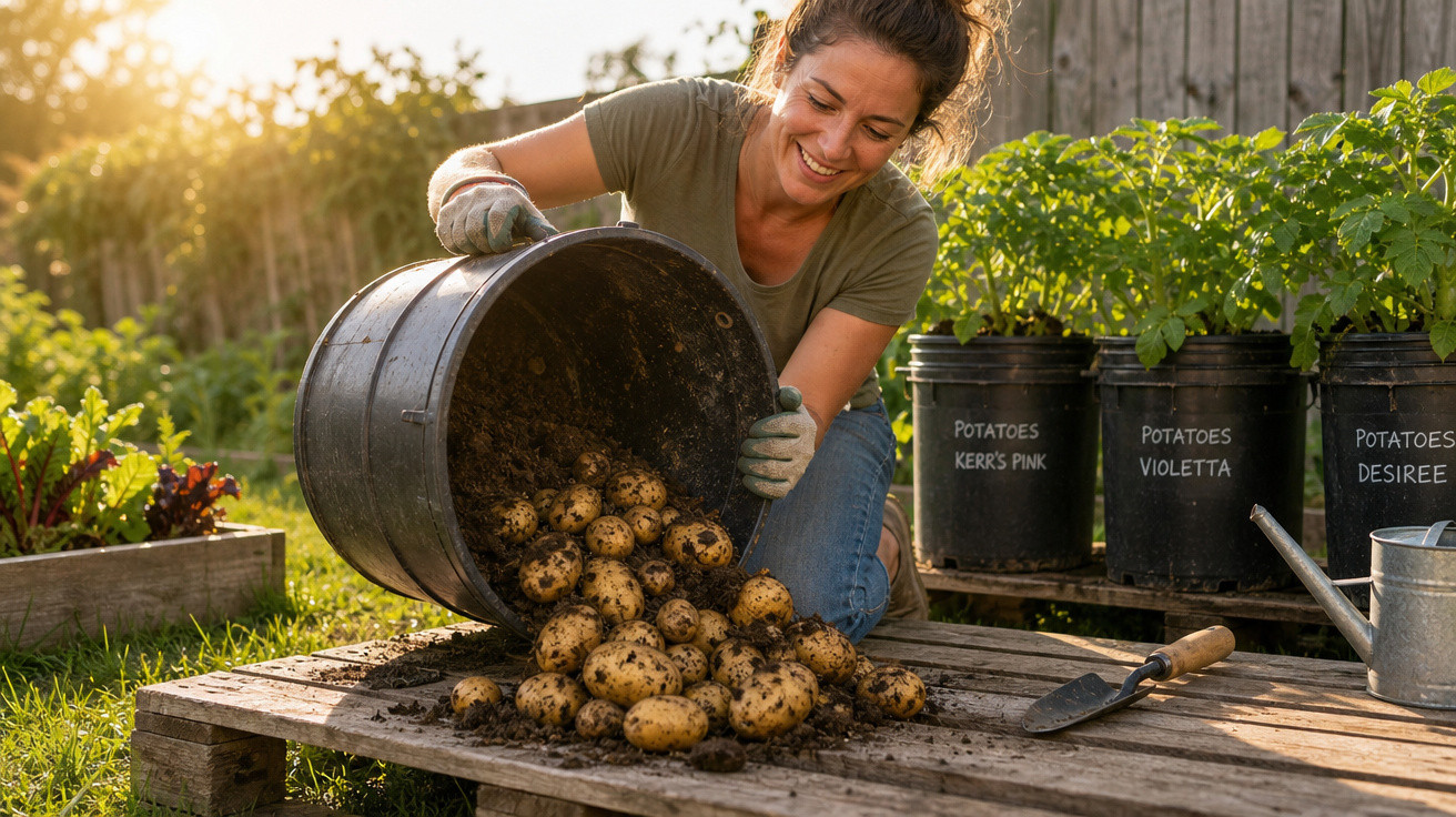 Mulher sorridente despejando batatas recém-colhidas em um canteiro de madeira ao ar livre.