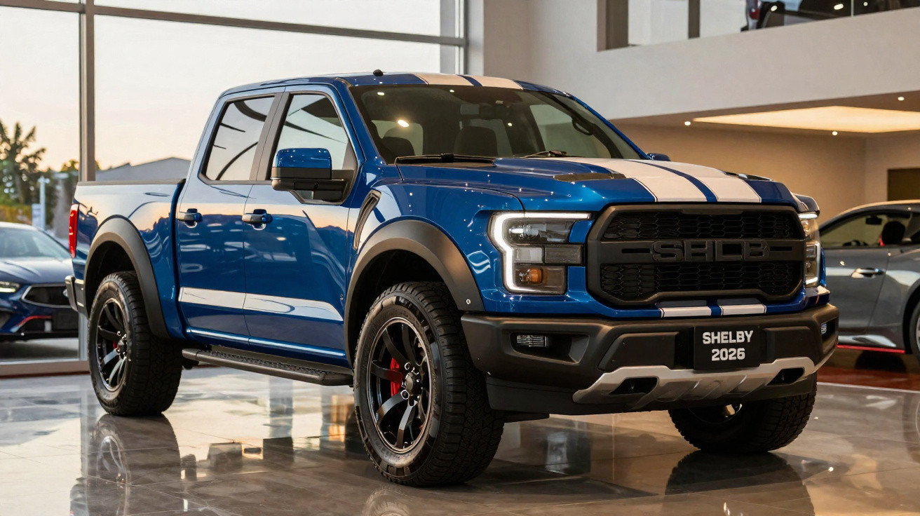 Picape azul Shelby 2026 exibida em showroom com faixa branca no capô e rodas pretas robustas.
