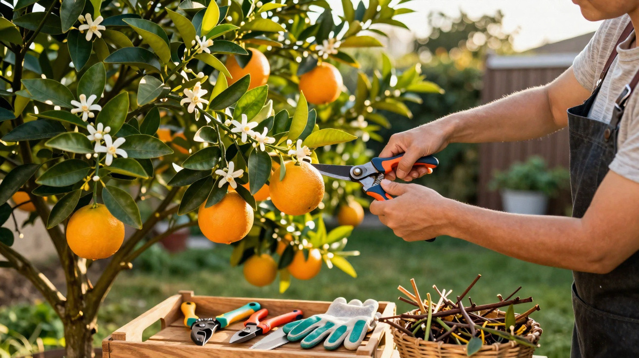 Pessoa podando árvore de laranja com flores brancas, ao lado de mesa com ferramentas de jardinagem.
