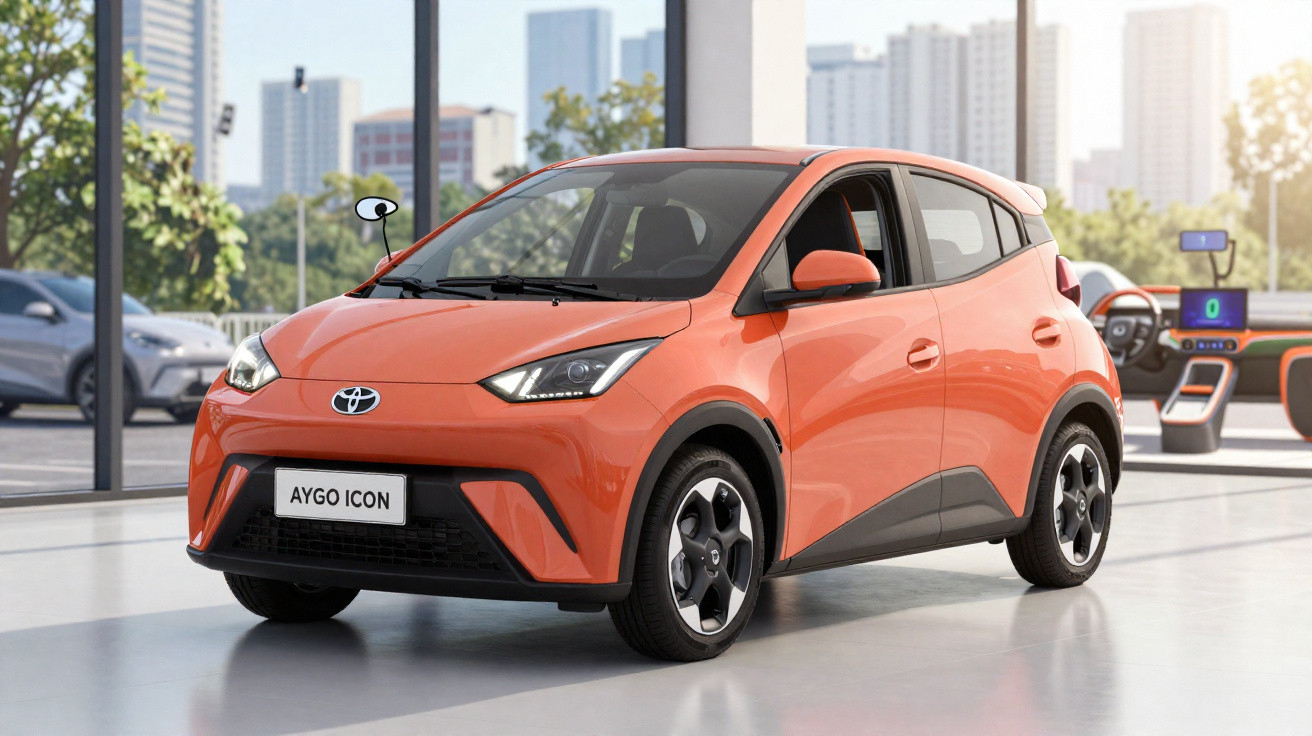 Carro Toyota Aygo Icon laranja estacionado em showroom moderno com fundo de cidade e prédios altos ao fundo.