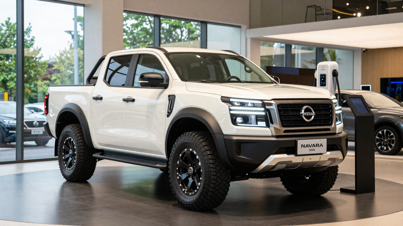 Picape branca Nissan Navara 2024 em showroom moderno com rodas off-road e detalhes em preto.