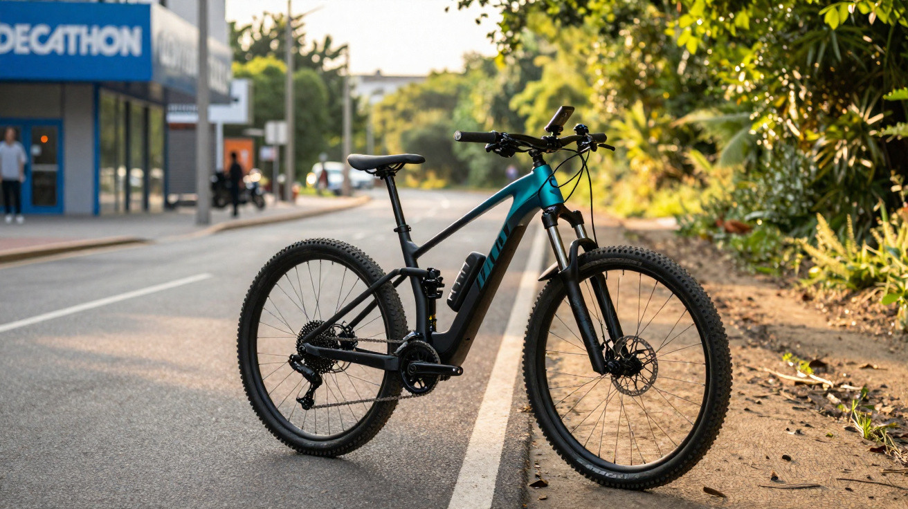 Bicicleta elétrica mountain bike estacionada na ciclovia com árvores e prédio da Decathlon ao fundo.