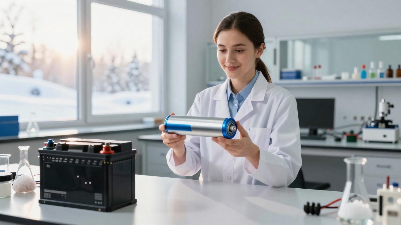Mulher cientista em jaleco branco segurando bateria cilíndrica em laboratório com equipamentos ao redor.