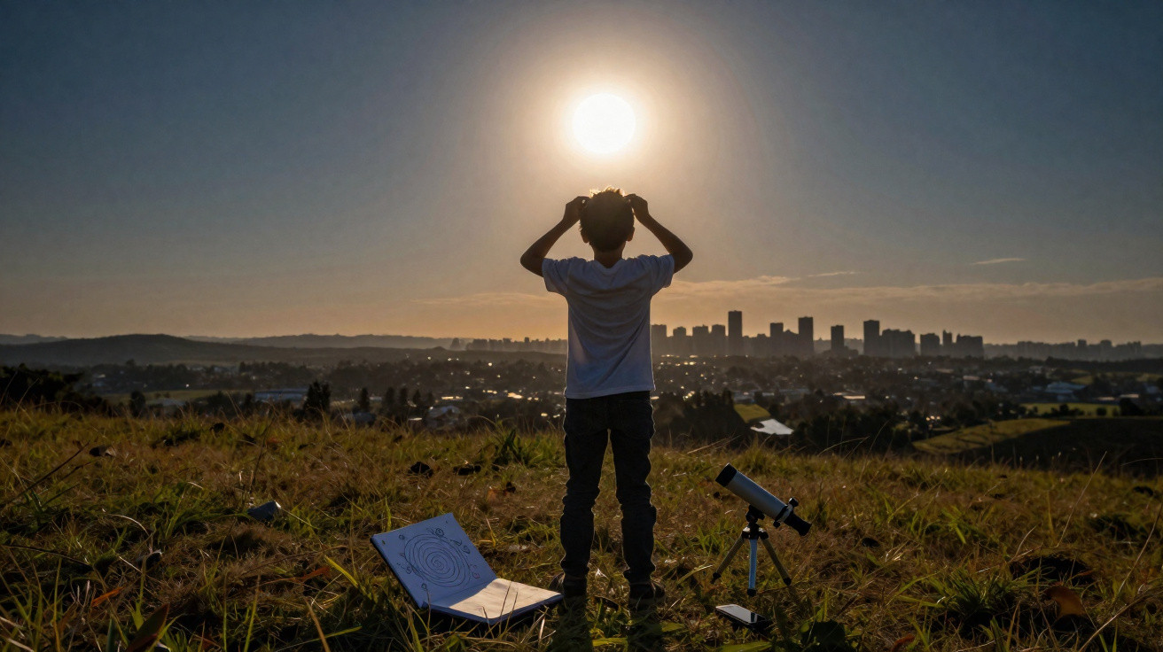 Criança observando o sol no horizonte com um telescópio e livro aberto em campo aberto ao entardecer.