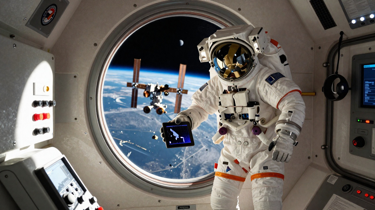 Astronauta dentro de nave espacial segurando tablet com vista da Terra e estação espacial pela janela circular.
