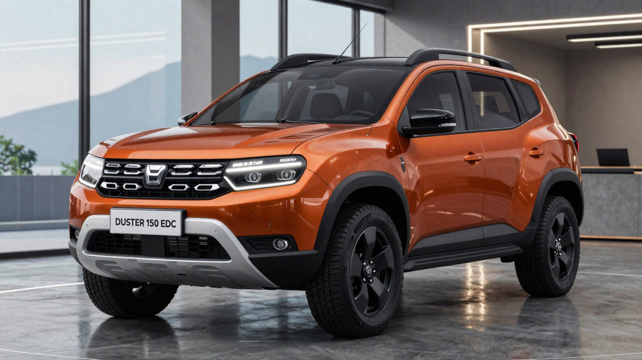 SUV Duster 150 EDC na cor laranja estacionado em ambiente interno moderno e iluminado.