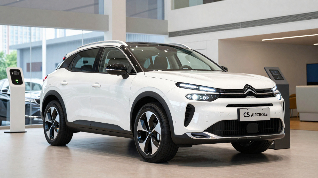 Carro branco Citroën C5 Aircross exposto em showroom moderno com iluminação natural.