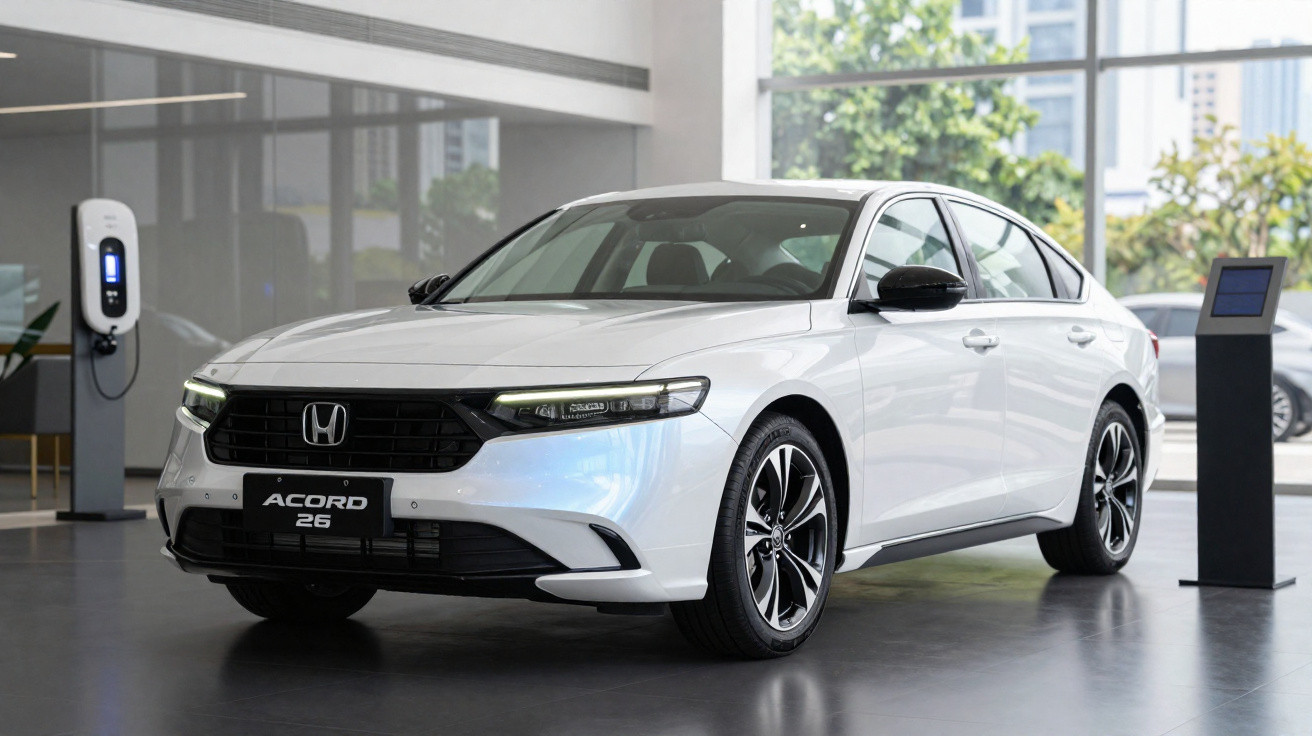 Carro Honda Accord 26 branco em exposição, interior de showroom com carregador elétrico ao fundo.