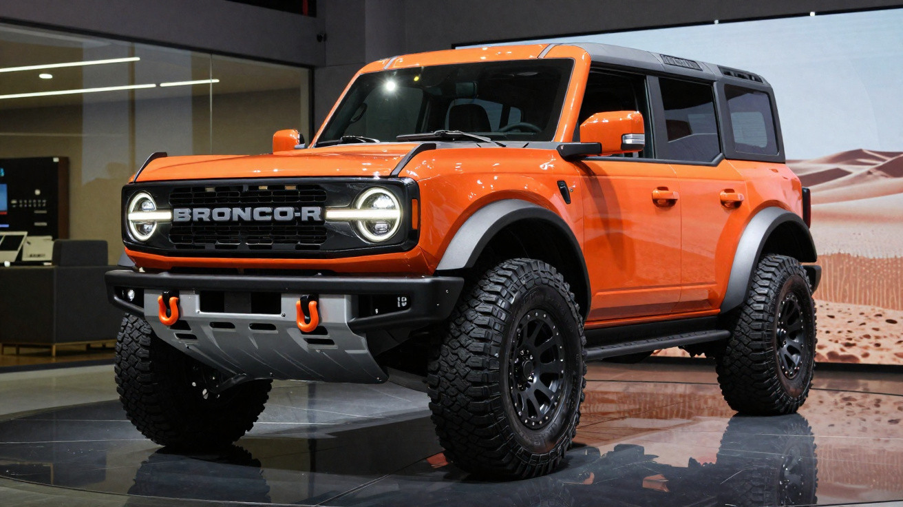 SUV Ford Bronco R laranja com pneus off-road em exposição interna com decoração de deserto ao fundo.