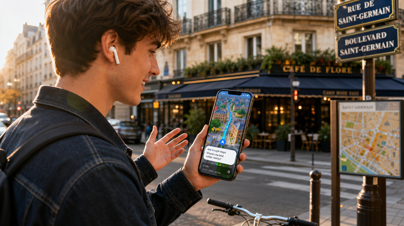 Homem jovem com fone de ouvido vê mapa em celular em rua movimentada de Paris com bicicleta estacionada.