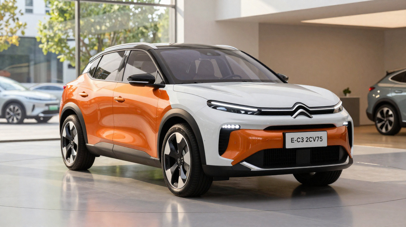 Carro elétrico Citroën E-C3 2CV75 branco e laranja em exposição em ambiente interno moderno.
