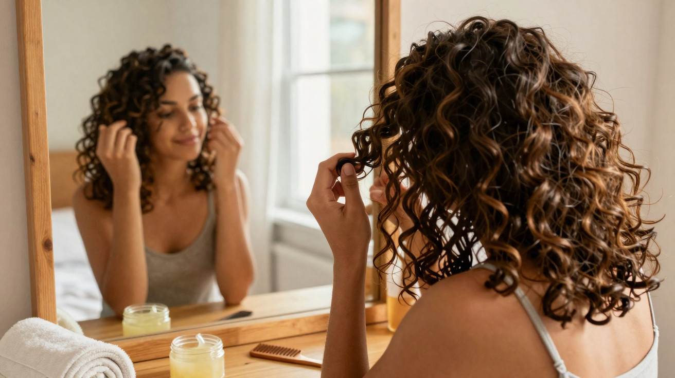 Mulher com cabelo cacheado cuida dos cabelos na frente do espelho em ambiente claro e acolhedor.