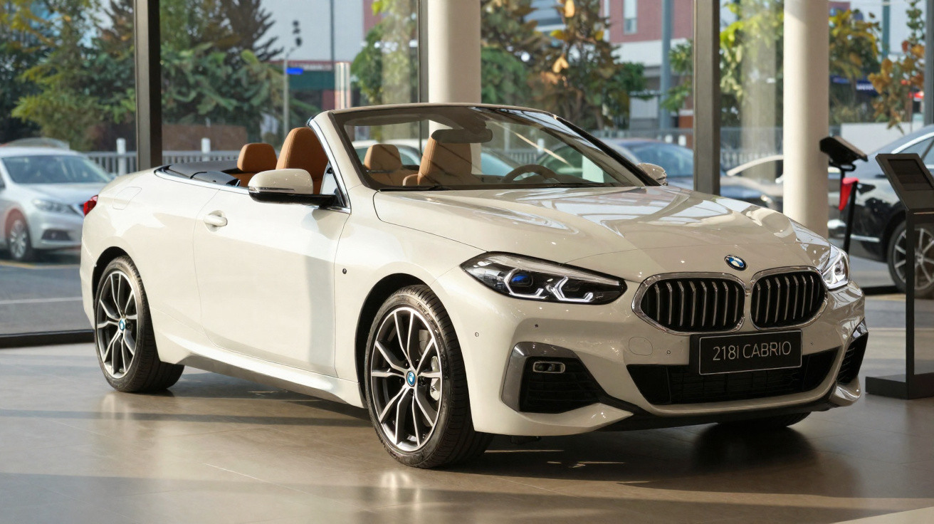 Carro conversível BMW 218i Cabrio branco exibido em showroom com interior marrom.