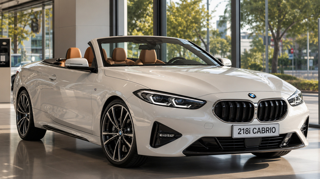 Carro conversível BMW 218i Cabrio branco em exposição interna com interior de couro marrom.