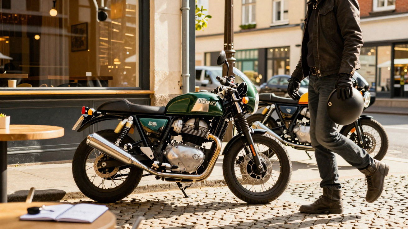 Motocicleta verde estacionada em calçada de paralelepípedo perto de cafeteria com homem segurando capacete.