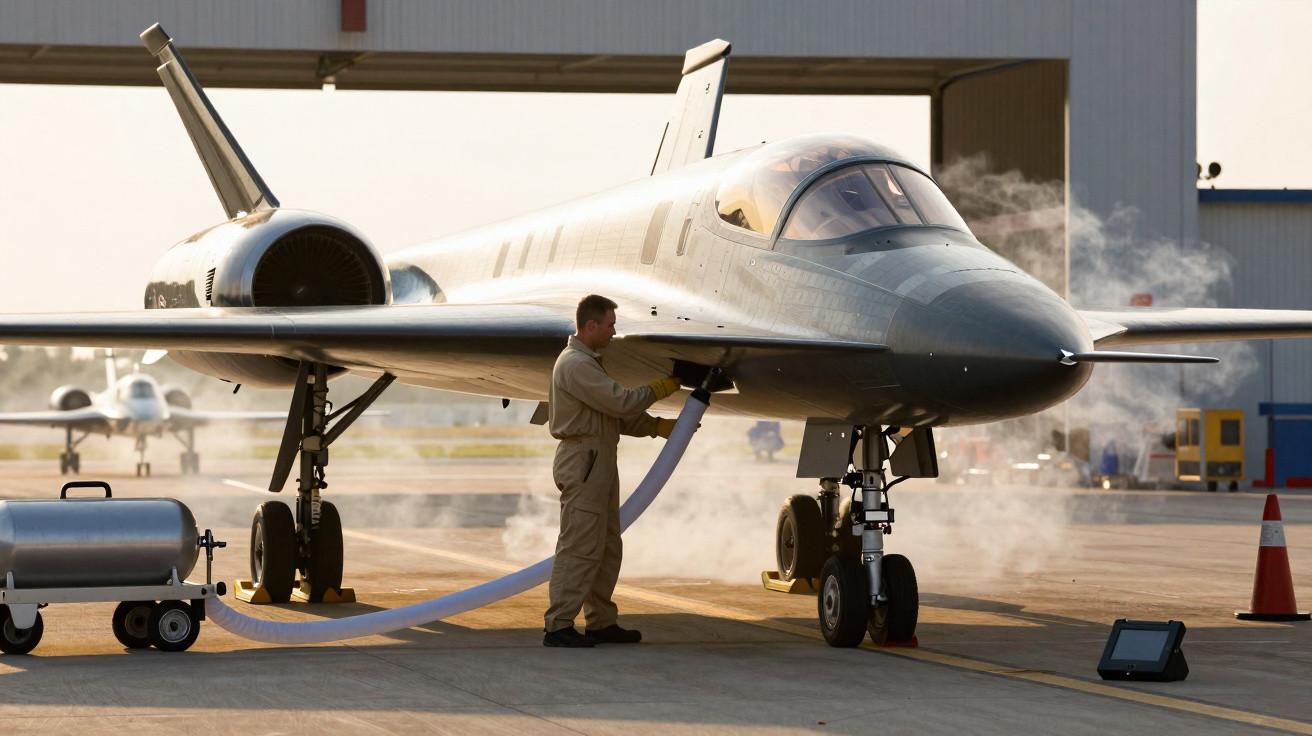 Homem abastecendo jato stealth preto em pista de aeroporto com vapor ao redor e hangar ao fundo.