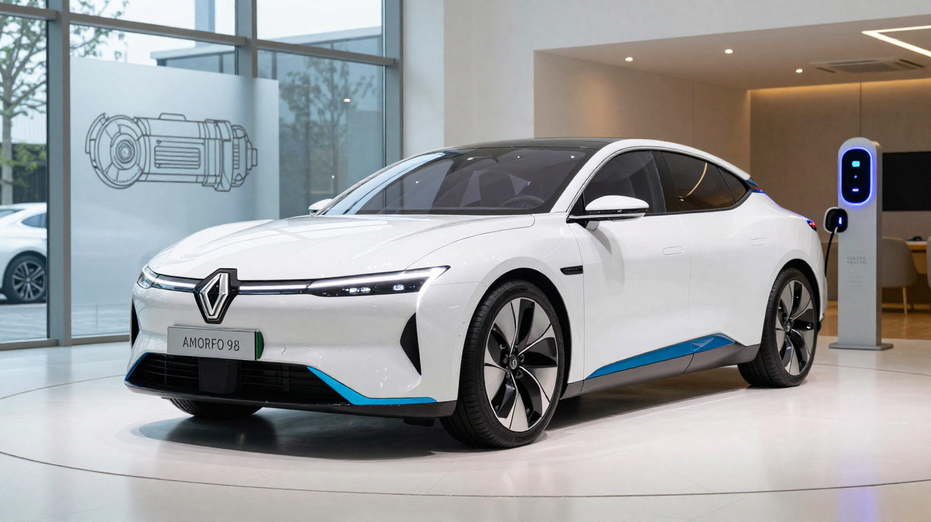 Carro elétrico branco moderno em exposição interna com estação de recarga ao fundo.